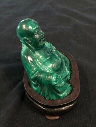 Antique Carved Malachite Laughing Happy Buddha on wood stand 2