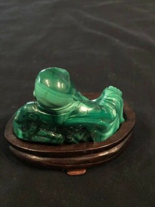Antique Carved Malachite Laughing Happy Buddha on wood stand 3