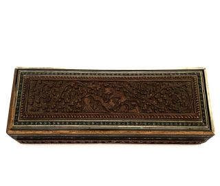 Antique Anglo Indian Carved Sandalwood Box With Inlay,  Animal Scene 19th Century