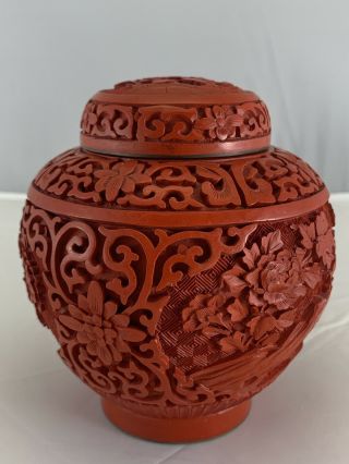 Vintage Carved Red Cinnabar Lacquer Enamel Trinket Lidded Box Chinese