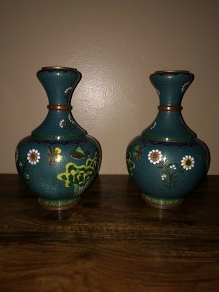 Vintage Chinese Cloisonne Pair Vases - 9 - 1/2 Inches Tall - Flower Pattern