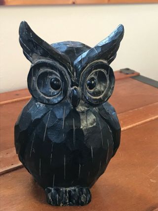 Large Carved Black Painted Wood Wooden Wise Old Owl Figurine – 8 Inches High X 4