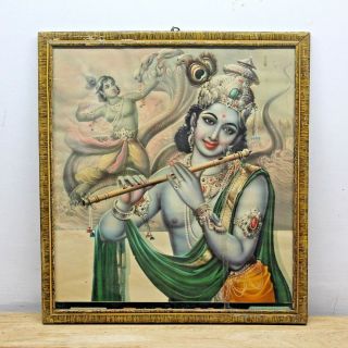 Old Vintage Hindu Religious Lord Krishna Litho Print With Frame 44