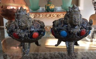 Rare Antique Pair Goddess Tara Bronze Footed Ashtray Turquoise Coral Tibet Nepal