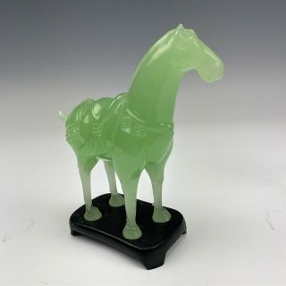 Antique Chinese Peking Jade Glass Tang Horse Sculpture With Wood Base Nr Mab