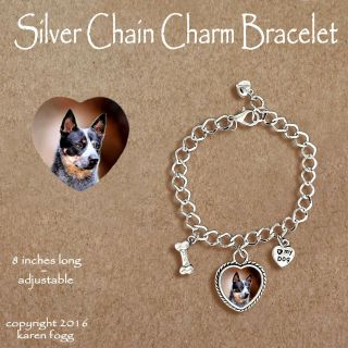 Australian Cattle Dog Black - Charm Bracelet Silver Chain & Heart