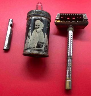 Old Vintage Gem Wedge Blsde Safety Razor In Round Litho Tin