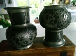 Signed Chinese Tung King Shun Weihaiwei Pewter Dragon Overlay Vases