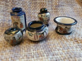Antique Japanese Cobolt Blue Miniature Set Of Vases & Ginger Jar X 5