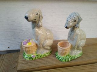 Two Bedlington Terrier Dogs Stoneware Sculptures Figurine Handmade 1/kind Signed