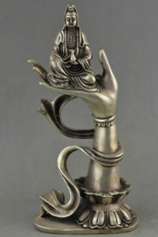 Collectible Decorated Old Tibet Silver Carved Kwan - Yin Sit In Buddha Hand Statue