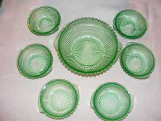 Vintage Green Depression Glass 7 Piece Berry Bowl Set