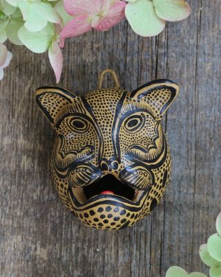 Mask Jaguar Leopard Handmade Clay Black & Gold Chiapas Mexico Folk Art Tribal