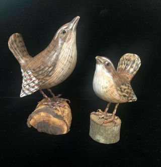 2 Vintage Hand Carved Painted Wood Bird Glass Eyes Wire Legs