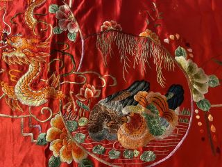 5 - Claw Dragon Coral Sun Antique Chinese Silk Embroidered Panel Huge Embroidery