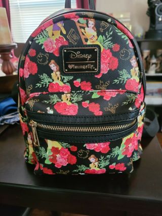 Disney Loungefly Belle Roses Black Mini Backpack