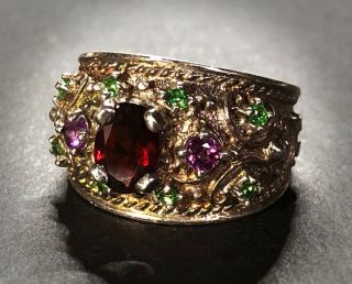 Edwardian Etruscan Byzantine Ruby Emerald Tourmaline Sterling Silver/gold Ring