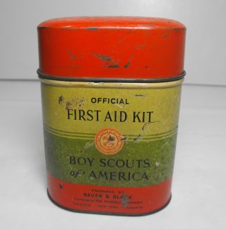 Official First Aid Kit Boy Scouts Of America 1932 Litho Tin Bauer & Black.  Full
