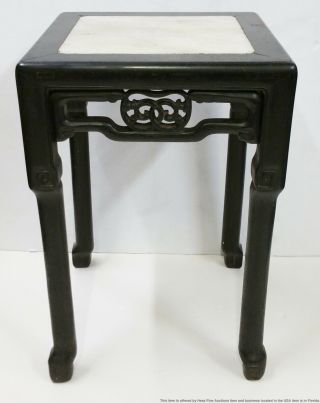 Antique Late Qing Chinese Black Carved Wood White Marble Top Plant Stand Table