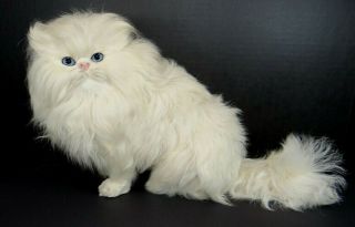 Realistic White Persian Cat Figure Real Goat Fur 8x13 " Statue