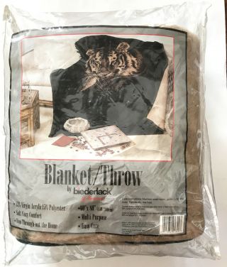 Vintage Biederlack Tiger Head Reversible Throw Blanket 60” X 80”