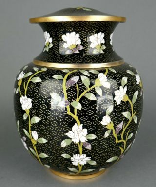 Fine Vtg Chinese Cloisonne Enamel Black Cloud Ground Floral Lidded Jar
