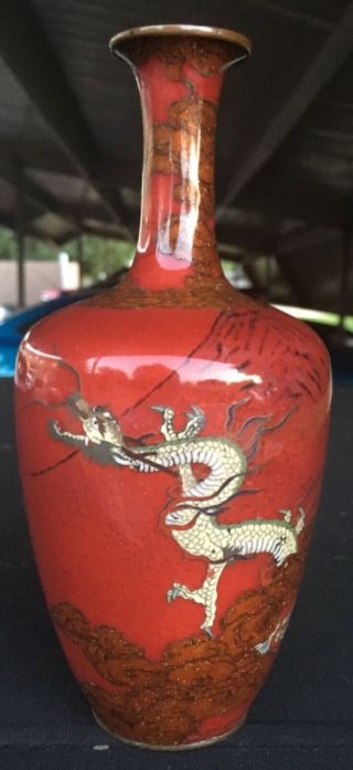 Very Fine Antique Japanese Red Cloisonné Enamel Dragon Vase