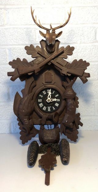 Vintage E.  Schmeckenbecher Cuckoo Clock Black Forest Hunter Deer German 8 Day