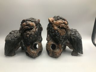 Vintage Hand Carved Chinese Foo Dogs With Ball In Cage - - 0ne Piece Of Wood