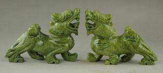 A 100 / Chinese Natural Green Jade Dragon Pixiu Statue Pair S715