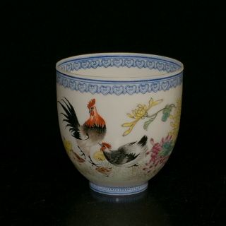 Vintage Chinese Eggshell Porcelain Hand Painted Chicken Flower Cup 3 - 1/4” Tall
