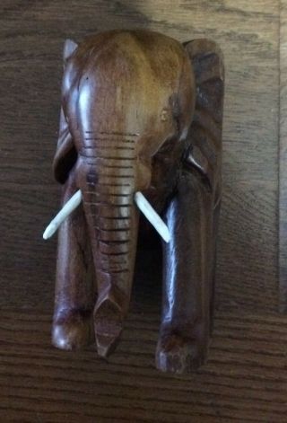 Elephant Animal Figurine Vintage Wooden Hand Carved Brown With White Tusks