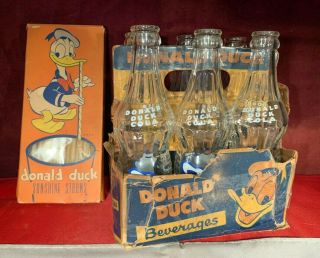 Vintage 6 Walt Disney Donald Duck Cola Bottles With Carrier & Donald Duck Straws