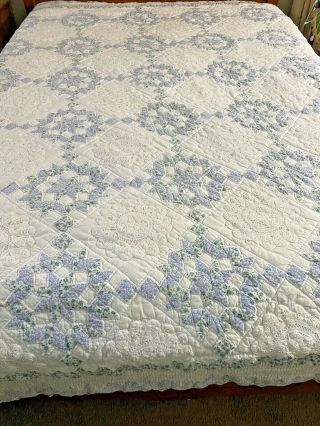 Blue & White Vintage Hand Quilted Broken Star & Tape Lace Quilt 95 " X 88 " 457
