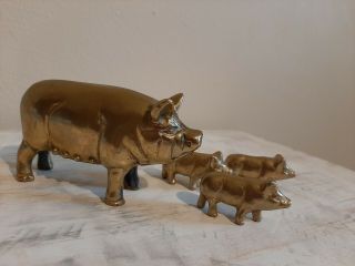 Brass Pig Sow With 3 Baby Piglets Figurines