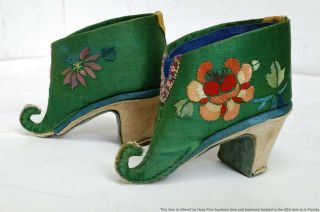 Pair Antique Chinese Qing Silk Embroidered Shoes 4 Inches Long Lotus Bound Feet