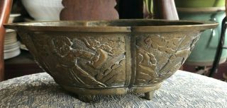 Lovely Antique Chinese Signed Bronze Or Brass Footed Bowl Warrior Scenes