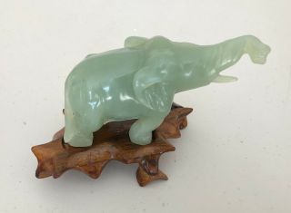 Vintage Chinese Carved Jade Elephant With Wooden Stand