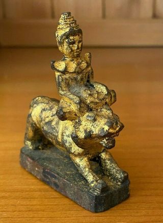 Antique 19th C Carved Gilt wood Buddha Seated on Tiger Oriental / Chinese / Thai 3