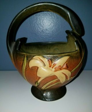 Roseville Pottery Zephyr Lily Basket Shape 393 - 7 Brown Green Vintage Art Decor