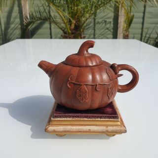 Good Chinese 20th C Yixing Zisha Clay Pumpkin Shaped Teapot - Signed