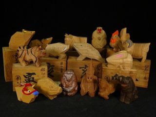 Japanese Vintage Wood Carving Traditional Crafts Zodiac Shrine Ornament Set