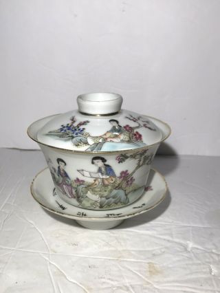 Set Of Antique Chinese Famille Rose Medallion Porcelain Tea Cup W/ Lid & Saucer