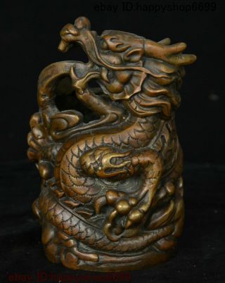 Collect China Bronze Dragon Loong God Beast Pen Container Brush Pot Pencil Vase