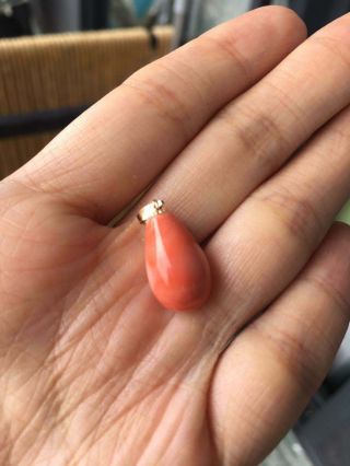 Antique Old Stock Natural Pink Red Coral Drop Pendant 750 18k Gold
