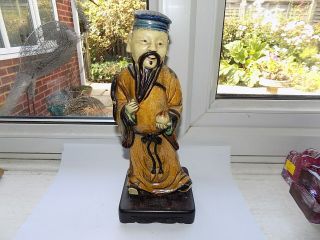 Antique Chinese Sancai Glaze Pottery Figure Elderly Man On Wooden Stand H 25 Cm