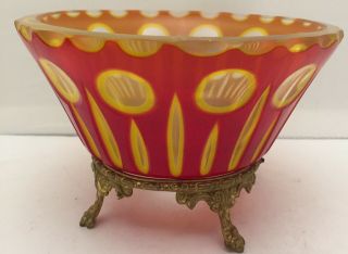 Antique Chinese Peking Glass Bowl - Red On Yellow,  Yellow On Clear Crystal Glass