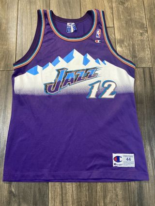 Vtg 1997 Utah Jazz John Stockton Champion Jersey Size 44 Large Purple Mountains