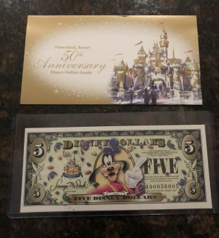 Htf Unc 2005 Disney Dollar $5 Goofy “a” Series W/ Gold Envelope In Rigid Holder