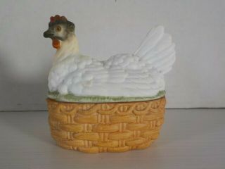 Antique German Bisque Hen On A Nest Chicken On A Basket Figurine Container Jar
